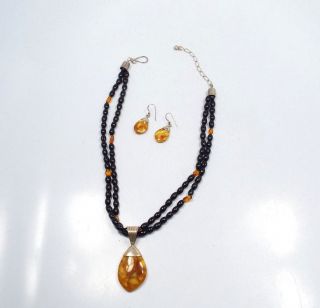 Jay King Dtr Sterling Silver Onyx & Amber Bead Necklace & Earrings Set