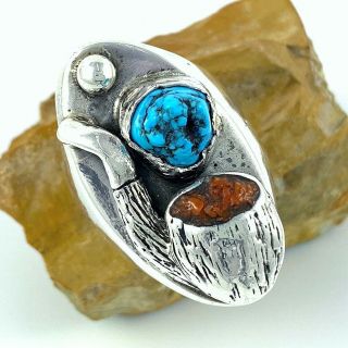 Giant Vintage Navajo Cast Silver Turquoise & Coral Tobacco Pipe Mens Ring Sz 9.  5
