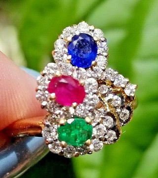 Vintage Petite Trio Sapphire Ruby Emerald Diamond 18k Yellow Gold Ring