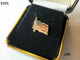 Vintage 14k Yellow Gold Jewelry Lapel Pin Tie Tac American Flag Red White Blue