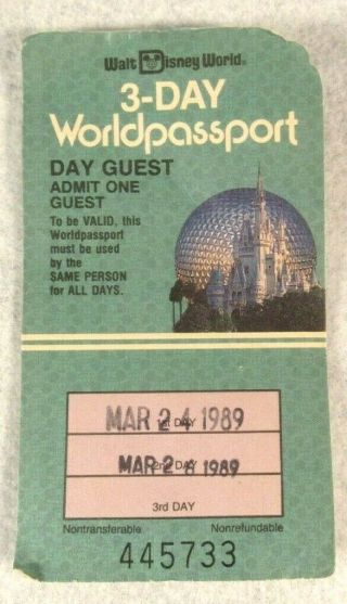 Vtg Walt Disney World 3 - Day Passport Ticket Adult 1 Day