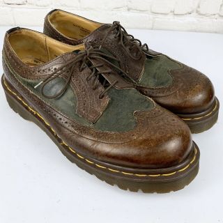 Dr Doc Martens Vtg England Brown Olive Green Leather Wing Tip Oxford Shoes Uk 8