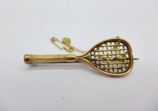 Stunning Antique Edwardian 9ct Gold Tennis Sports Wimbledon Brooch Safety Chain