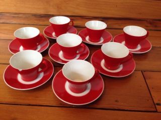 Vtg Mid Century Set 8 Upsala Ekeby Sweden Red Swedish Porcelain Tea Cups Saucers