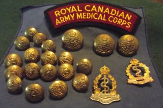 Grouping Of Royal Canadian Army Medical Corps Collar Shoulder Badges & Buttons