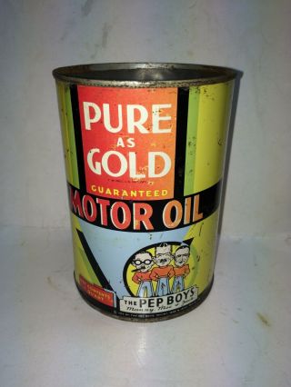 Vintage 30s/40s 1933 The Pep Boys Pure As Gold Motor Oil Metal Quart Can,  Phila.