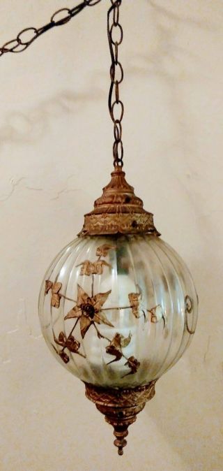 Vintage Hollywood Regency Style Swag Hanging Pendant Globe Lamp Filligree Design