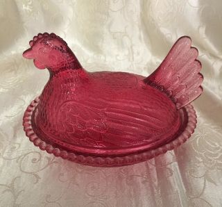 Vintage Indiana Glass Cranberry Red Hen On Nest Chicken Covered Candy