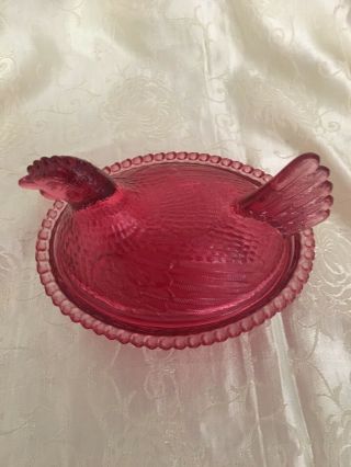 Vintage Indiana Glass Cranberry Red Hen on Nest Chicken Covered Candy 2