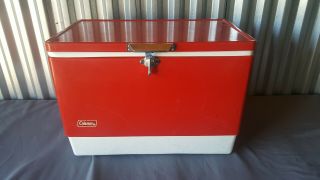 Vintage Coleman Red Metal Cooler Box Plastic Handles Ice Tray Insert Low Snow