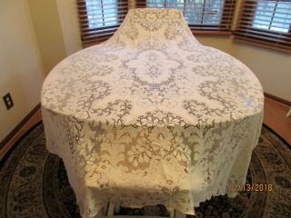 Vintage White Lace Crochet Cotton Tablecloth - 56 " By 88 "
