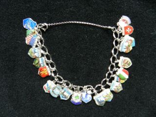 Vintage Silver Charm Bracelet With 21 Travel Shield Charms