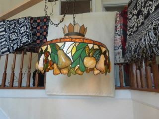 Vintage Tiffany Style Stained Leaded Glass Hanging Light Lamp Embossed Fruit 21 "