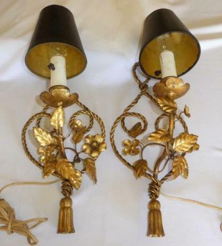 Vintage Italian Gold Gilt Rope & Tassel Lighted Wall Sconces Hollywood Regency