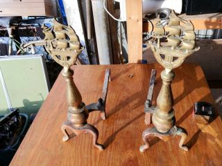 Large Vintage Brass Fireplace Andirons,  24 " Tall,  Made In Usa Nautical