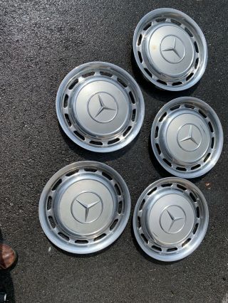 5 Vintage Mercedes - Benz 15 " Stainless Steel Hubcaps Silver Painted Inner