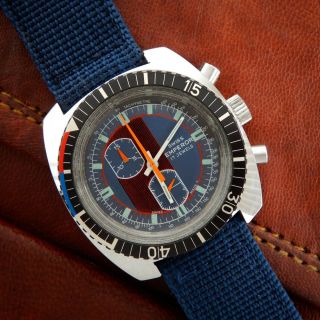 Swiss Emperor Chronograph Vintage 1970 Skin Diver Blue Dial Rotating Bezel Watch