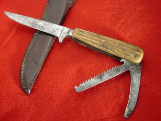 Vintage Unmarked Stag 8 - 1/2 " Fixed Blade Folding Knife & Sheath