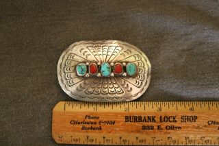 Vintage Navajo Sterling Turquoise & Coral Old Pawn Signed D C Thomas Belt Buckle