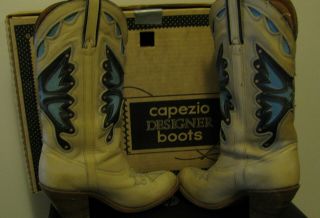 Vintage Miss Capezio Ivory Leather Cowboy Butterfly Boots Stack Heel Womens Sz 9