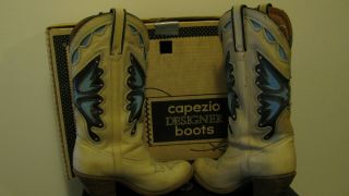 Vintage Miss Capezio Ivory Leather Cowboy Butterfly Boots Stack Heel Womens SZ 9 4