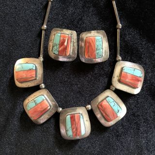 Vintage Abraham Begay Navajo Turquoise / Coral Necklace & Earrings Set Signed