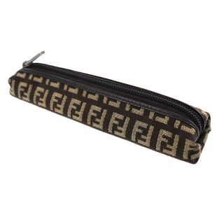 Fendi Zucca Pattern Leather Pen Case Brown Canvas Vintage Italy Auth X275 I