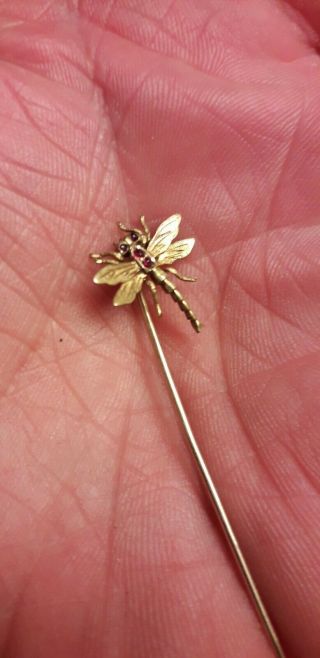 Antique Victorian 14 Ct Gold Ruby Set Dragonfly Stick Pin Scrap Or Wear