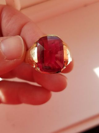Vntg.  Art Deco hand made Size 12 Men ' s 10 Karat Gold Ring With Manufactured Ruby 6