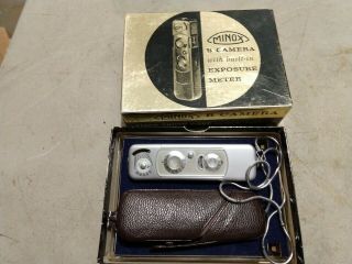 VINTAGE MINOX B SPY CAMERA WITH FILM AND LEATHER CASE 1:3.  5 f=15mm LENS 3