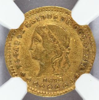 1873/2 Colombia 1 One Peso Gold Coin - Ngc Au 58 - Km 157.  1 - Rare