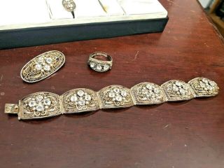 Vintage Chinese Silver Rhinestone Demi Parure Set Bracelet Ring Pin