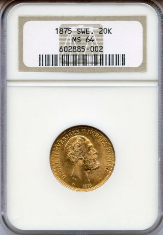 Sweden 1875 - St Kg.  Oscar Ii 20 Kronor Rare Date Gold Coin Ngc Ms - 64 - Choice - Unc.
