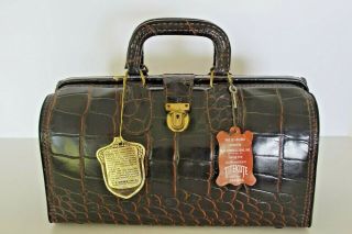 Vintage Upjohn Brown Moc Croc Cow Hide Doctors Medical Bag With Tags