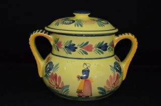 Vintage Hb Quimper France Soleil Yellow Faience 2 Handled Lidded Bowl