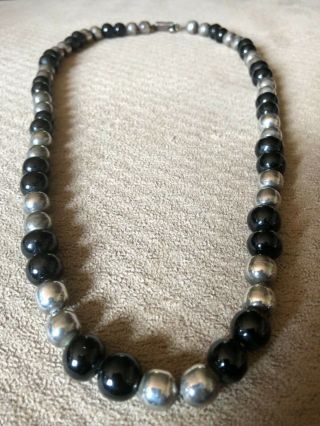 Vtg Taxco Mexico Sterling Silver,  Black Onyx Mexican Pearl Bead Necklace