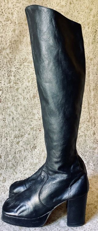 Vtg 60s Vendettes black leather mod goth gogo chunky heel platform boots sz 7.  5 2
