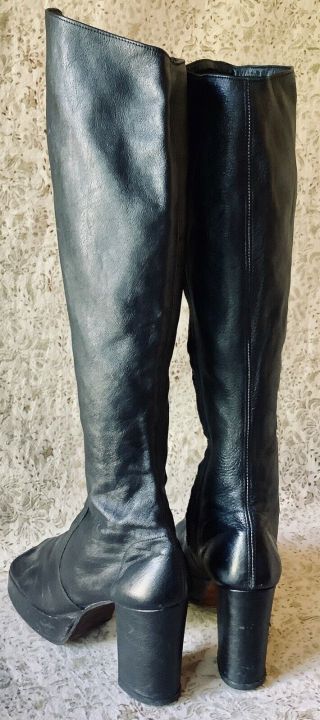 Vtg 60s Vendettes black leather mod goth gogo chunky heel platform boots sz 7.  5 4