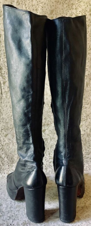 Vtg 60s Vendettes black leather mod goth gogo chunky heel platform boots sz 7.  5 5