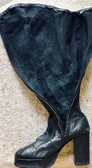Vtg 60s Vendettes black leather mod goth gogo chunky heel platform boots sz 7.  5 6