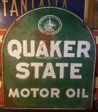 Vintage Double Sided Quaker State Oil Tombstone Sign Metal Rusty Gas Station