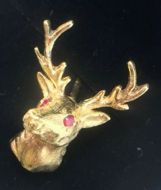 Awesome 14k Yellow Gold Natural Rubies Deer Head Taxidermy Tie Pin.  2.  8gm.