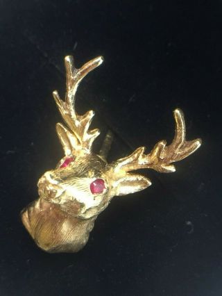 AWESOME 14K yellow gold natural RUBIES DEER HEAD taxidermy TIE PIN.  2.  8gm. 2