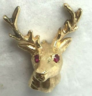 AWESOME 14K yellow gold natural RUBIES DEER HEAD taxidermy TIE PIN.  2.  8gm. 3