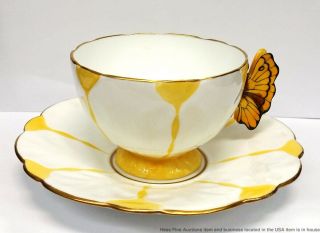 Vintage Aynsley China B1322 Striped Yellow Butterfly Porcelain Teacup Saucer