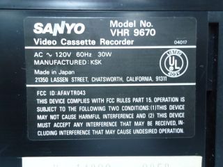 Vintage Sanyo VHR 9670 VHS VCR DA4 Head Player Recorder 8