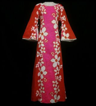 Vintage Hawaiian Cotton Maxi Dress Shift Hawaii Pink Orange Floral Bell Sleeve M