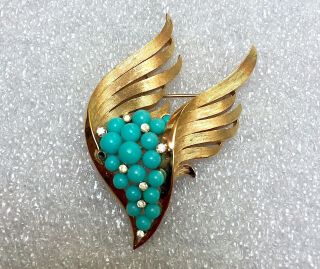 Crown Trifari Signed Vintage Gold Tone Faux Turquoise & Rhinestone Pin/brooch