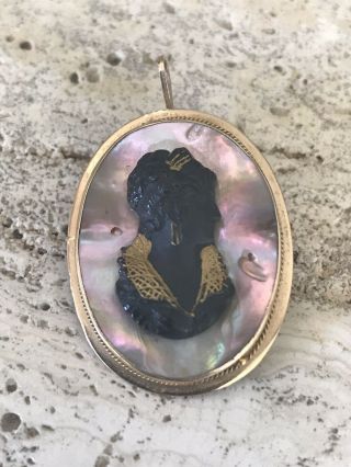Victorian 14k Gold Jet Carves Cameo With Mother Of Pearl