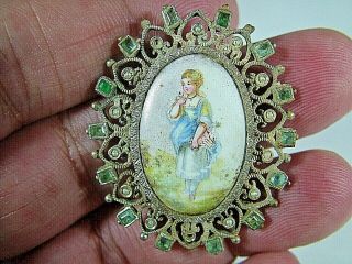 Rare Antique Austro - Hungarian Silver Emerald & Pearl Framed Enamel Miniature Af